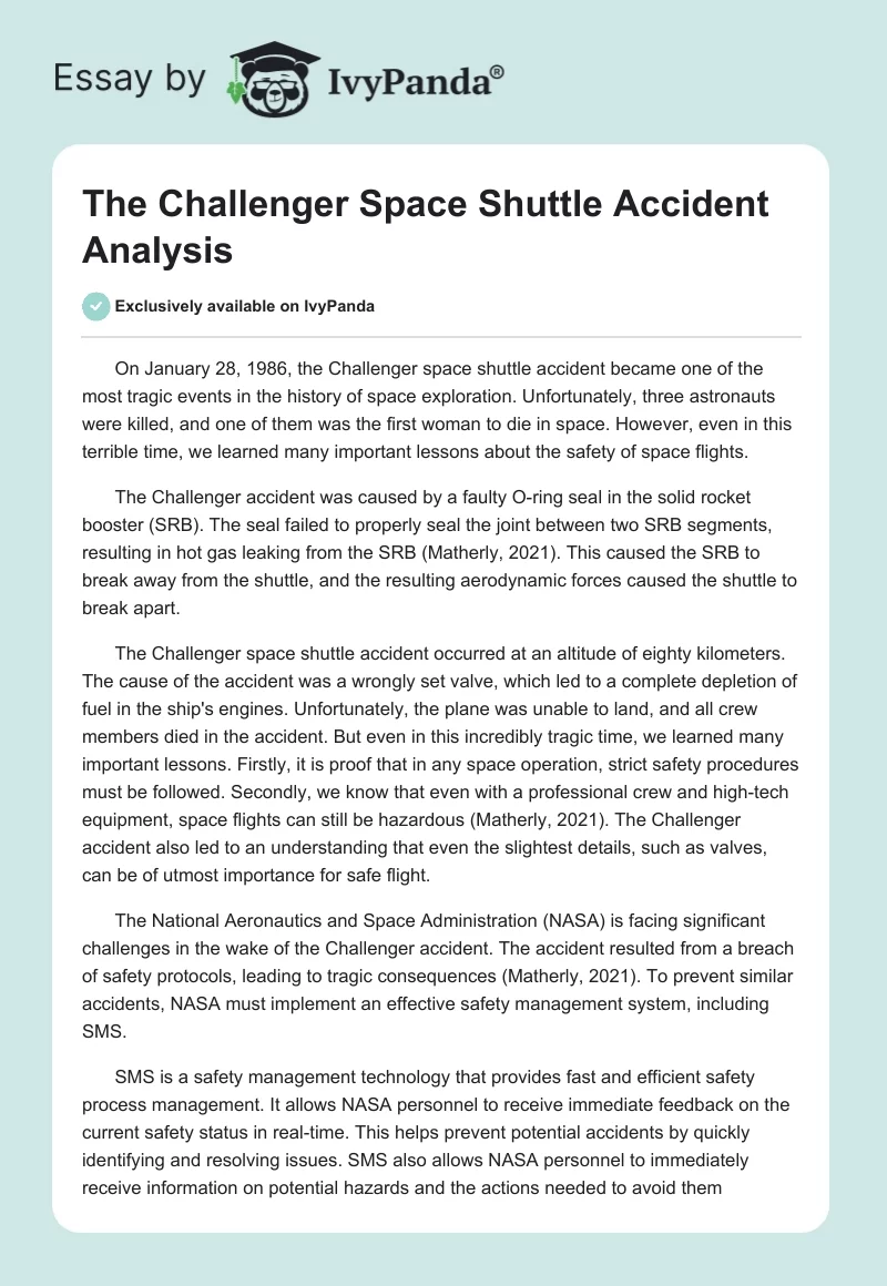 The Challenger Space Shuttle Accident Analysis. Page 1