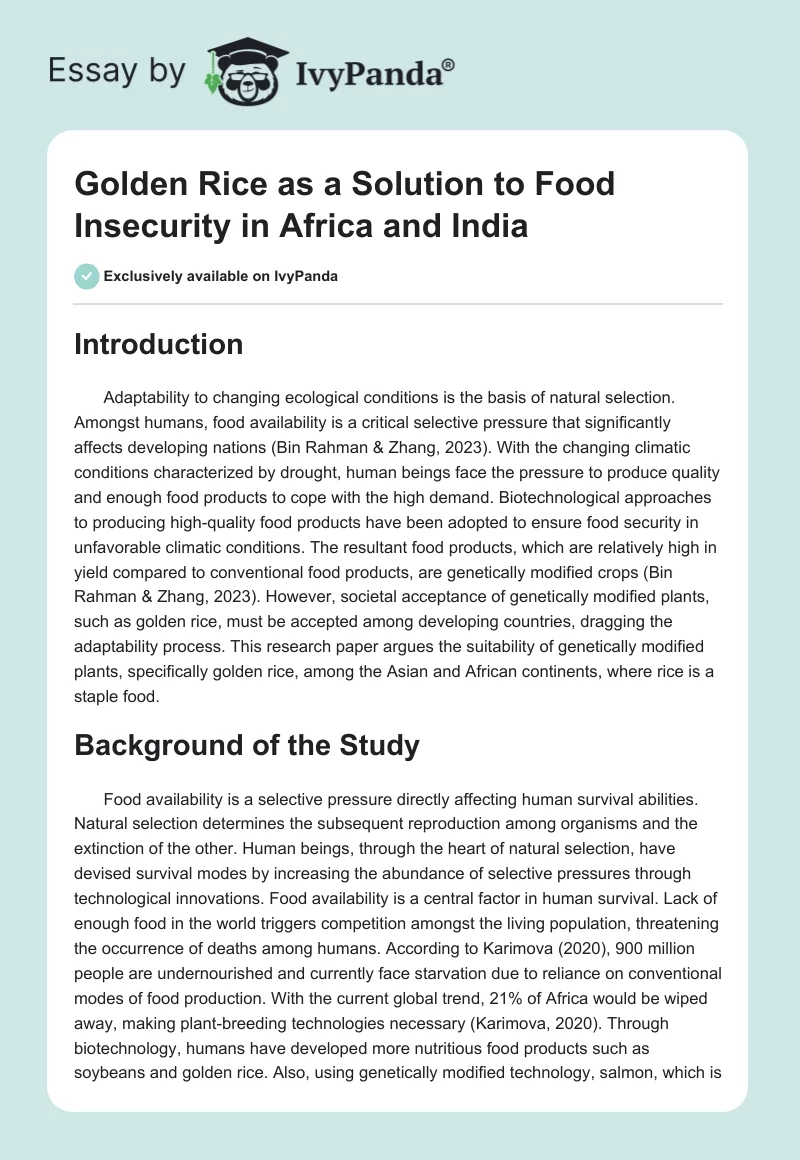 Golden Rice as a Solution to Food Insecurity in Africa and India. Page 1