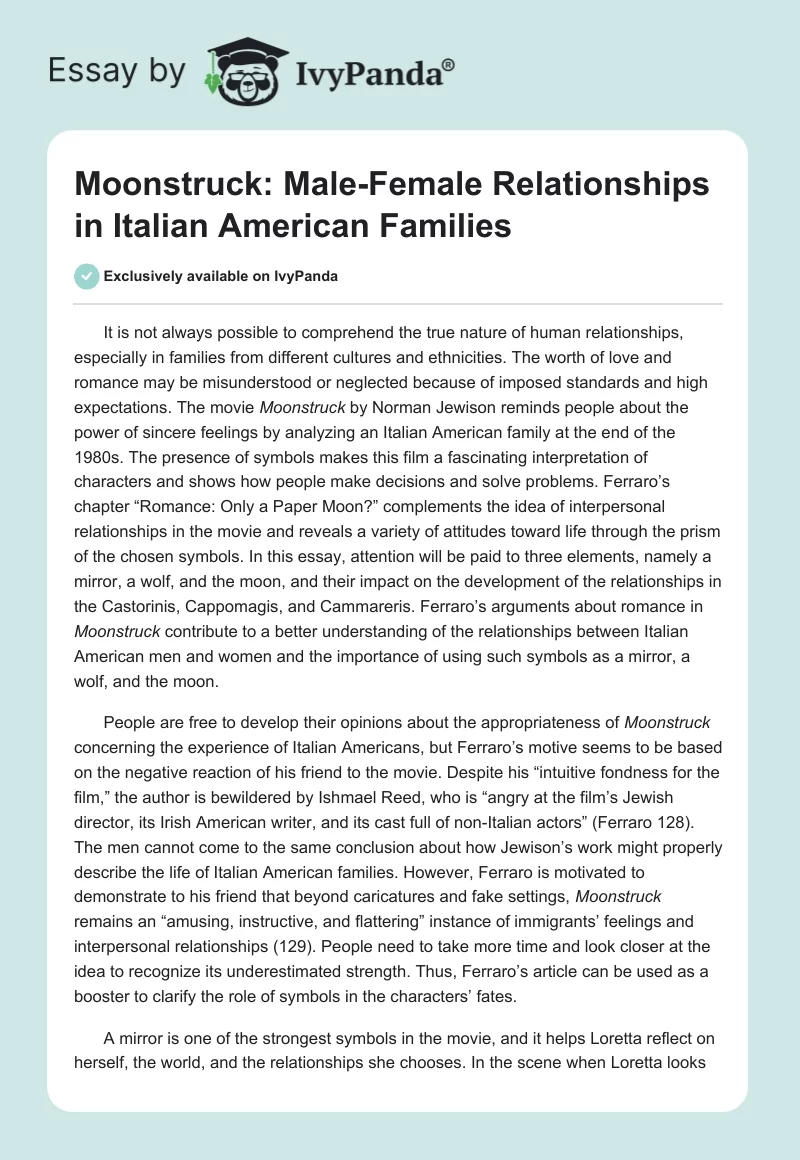 Moonstruck: Male-Female Relationships in Italian American Families. Page 1