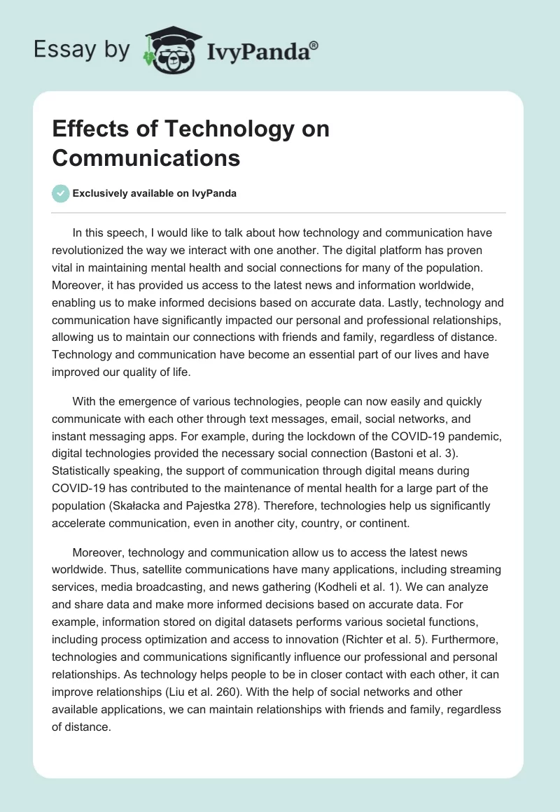 Effects of Technology on Communications. Page 1