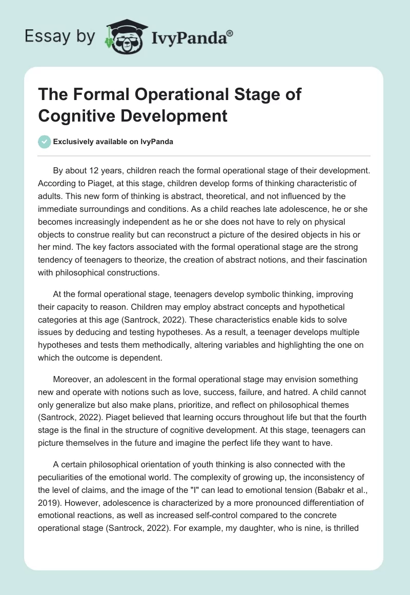 The Formal Operational Stage of Cognitive Development. Page 1