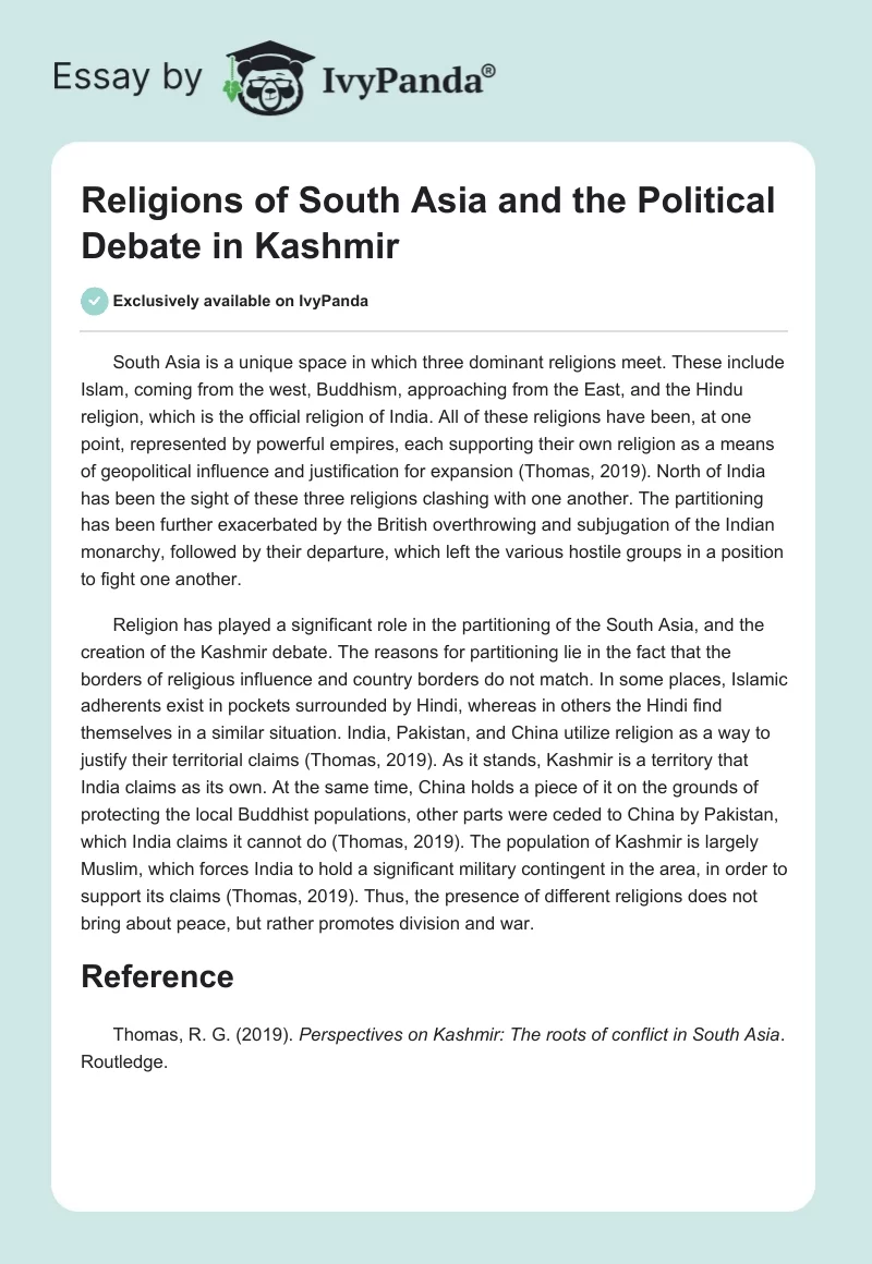 Religions of South Asia and the Political Debate in Kashmir. Page 1