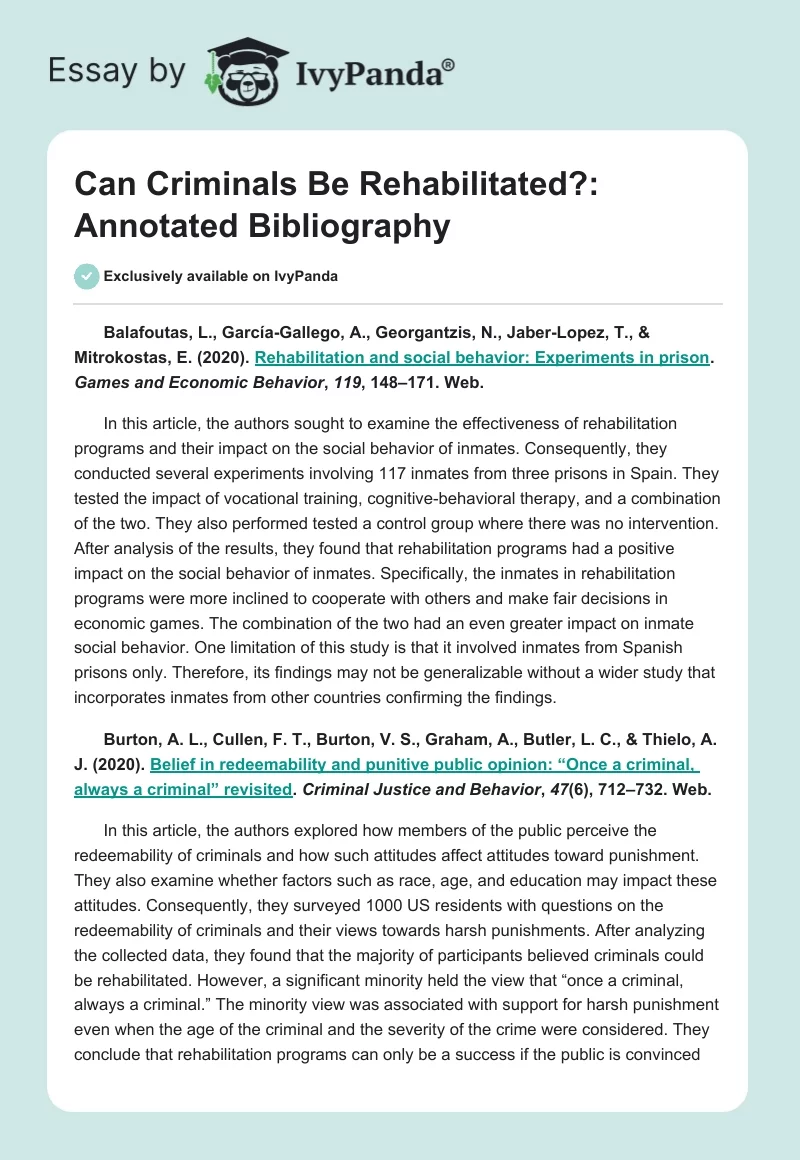"Can Criminals Be Rehabilitated?": Annotated Bibliography. Page 1