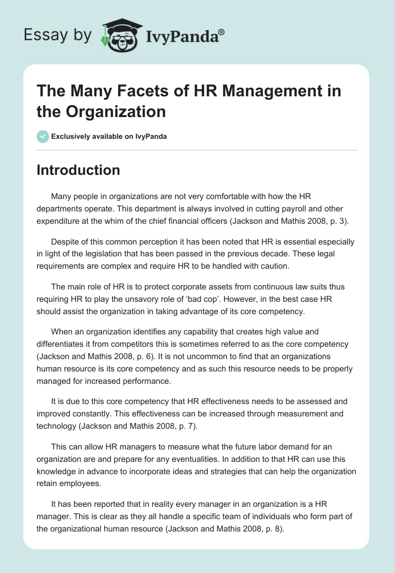 The Many Facets of HR Management in the Organization. Page 1
