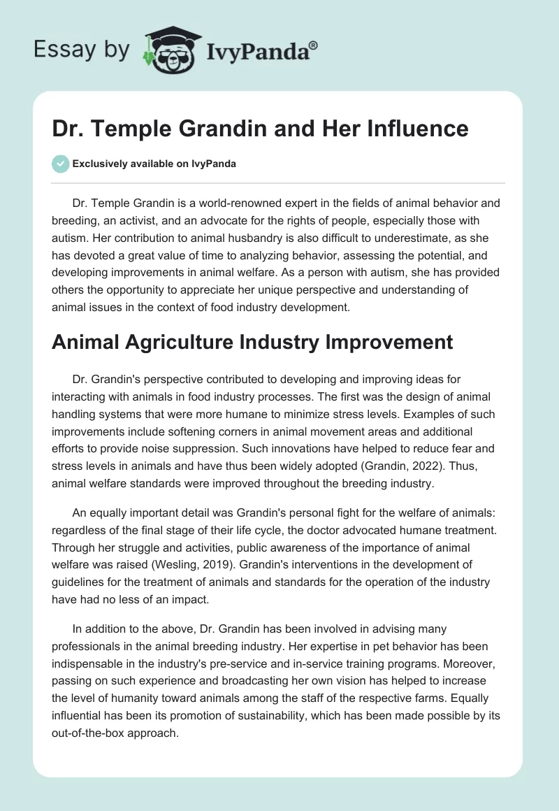 Dr. Temple Grandin and Her Influence. Page 1
