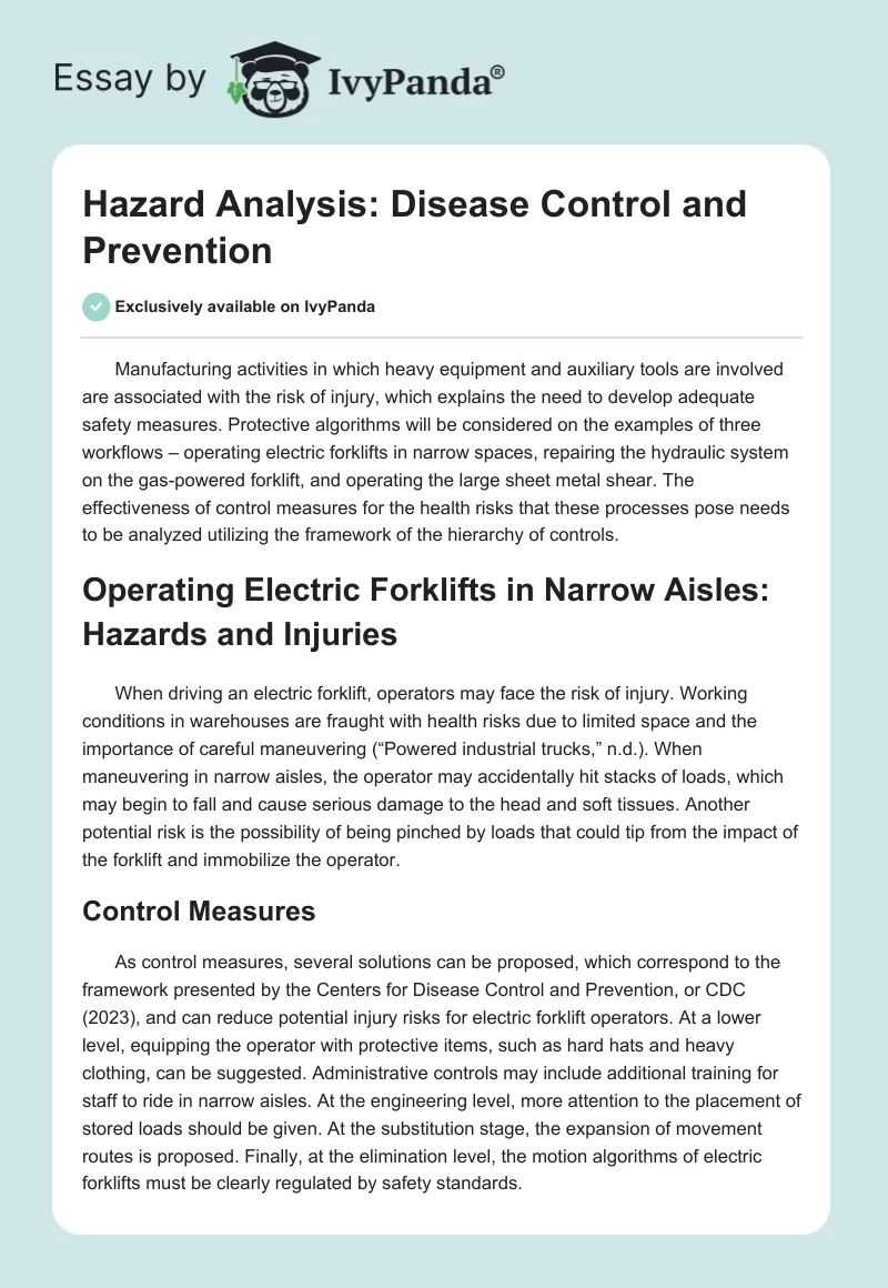 Hazard Analysis: Disease Control and Prevention. Page 1