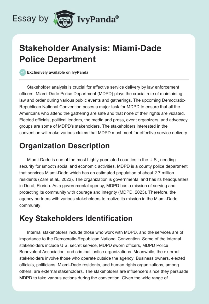 Stakeholder Analysis: Miami-Dade Police Department. Page 1