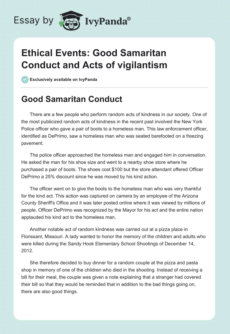Ethical Events: Good Samaritan Conduct and Acts of vigilantism. Page 1