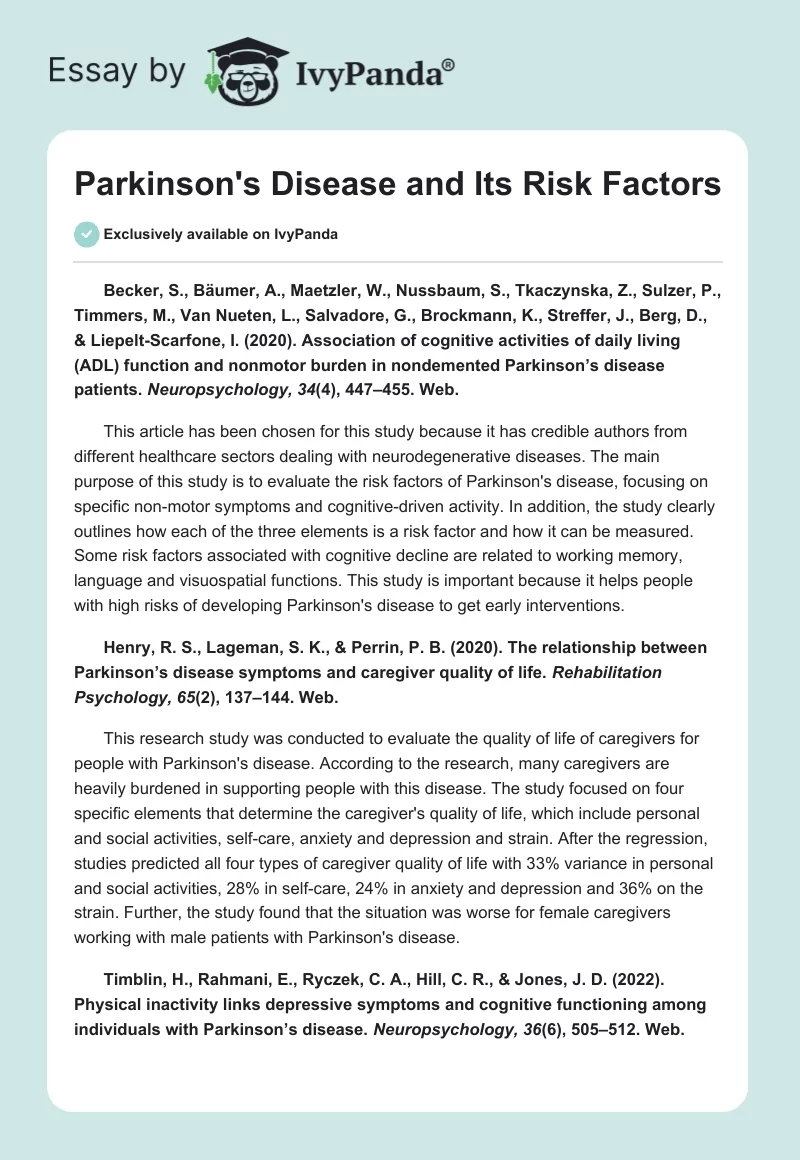 Parkinson's Disease and Its Risk Factors. Page 1