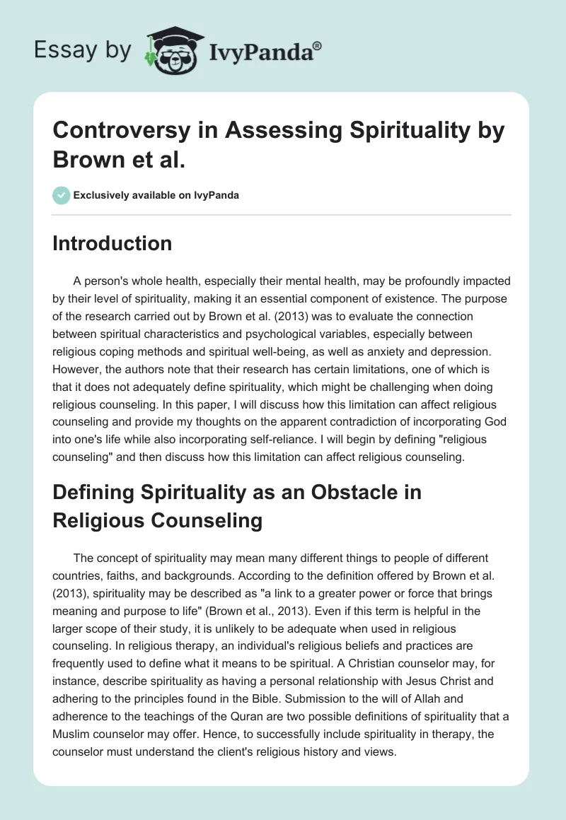 Controversy in Assessing Spirituality by Brown et al.. Page 1
