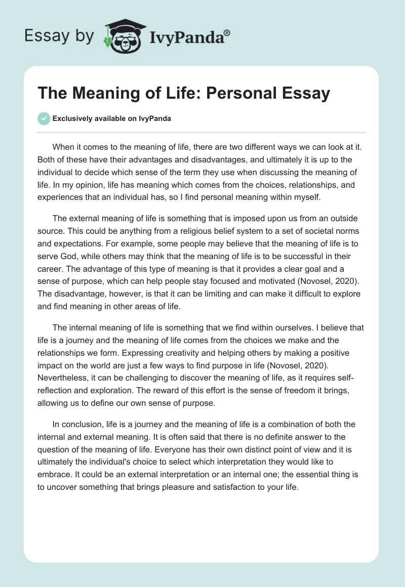 The Meaning of Life: Personal Essay. Page 1