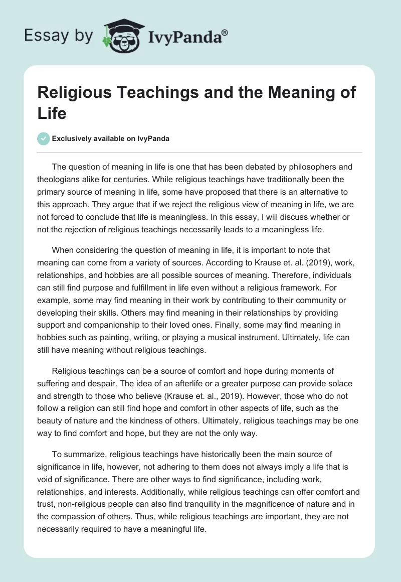 Religious Teachings and the Meaning of Life. Page 1
