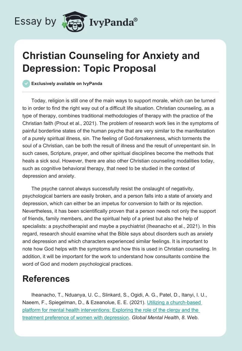 Christian Counseling for Anxiety and Depression: Topic Proposal. Page 1