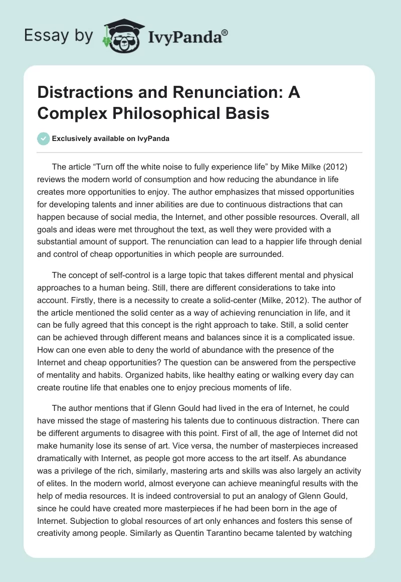 Distractions and Renunciation: A Complex Philosophical Basis. Page 1