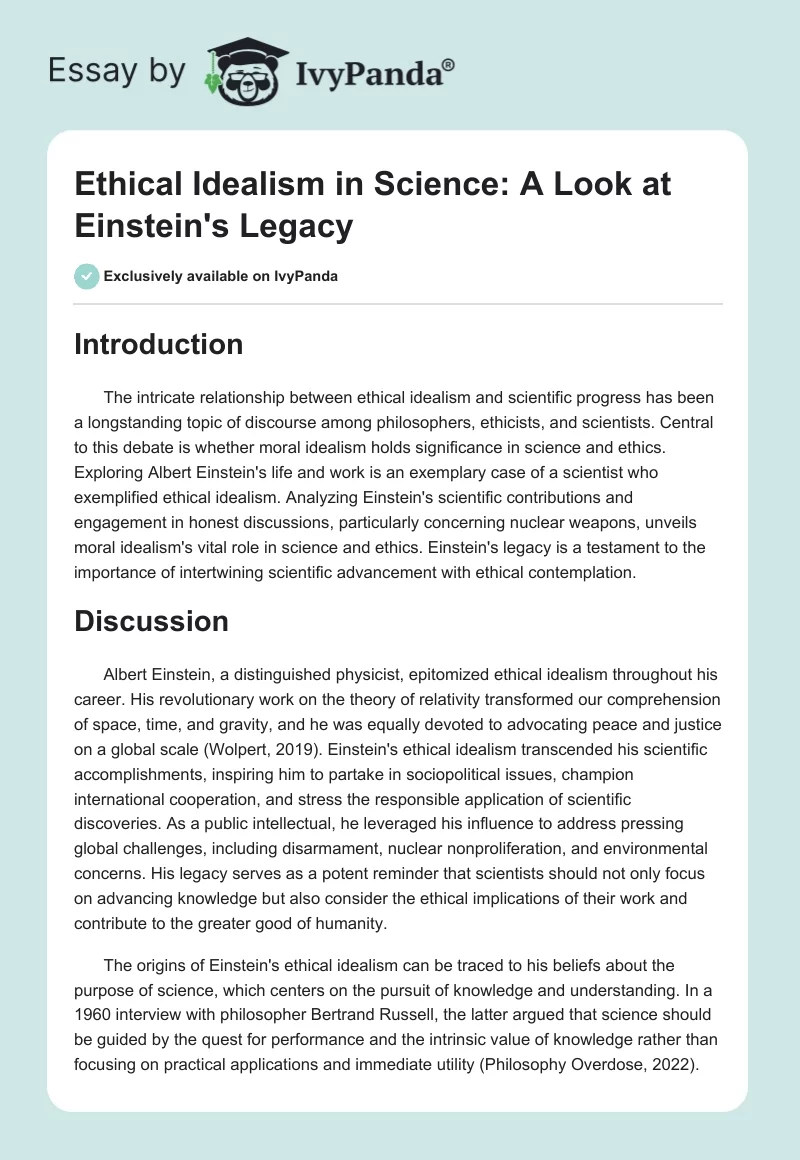 Ethical Idealism in Science: A Look at Einstein's Legacy. Page 1
