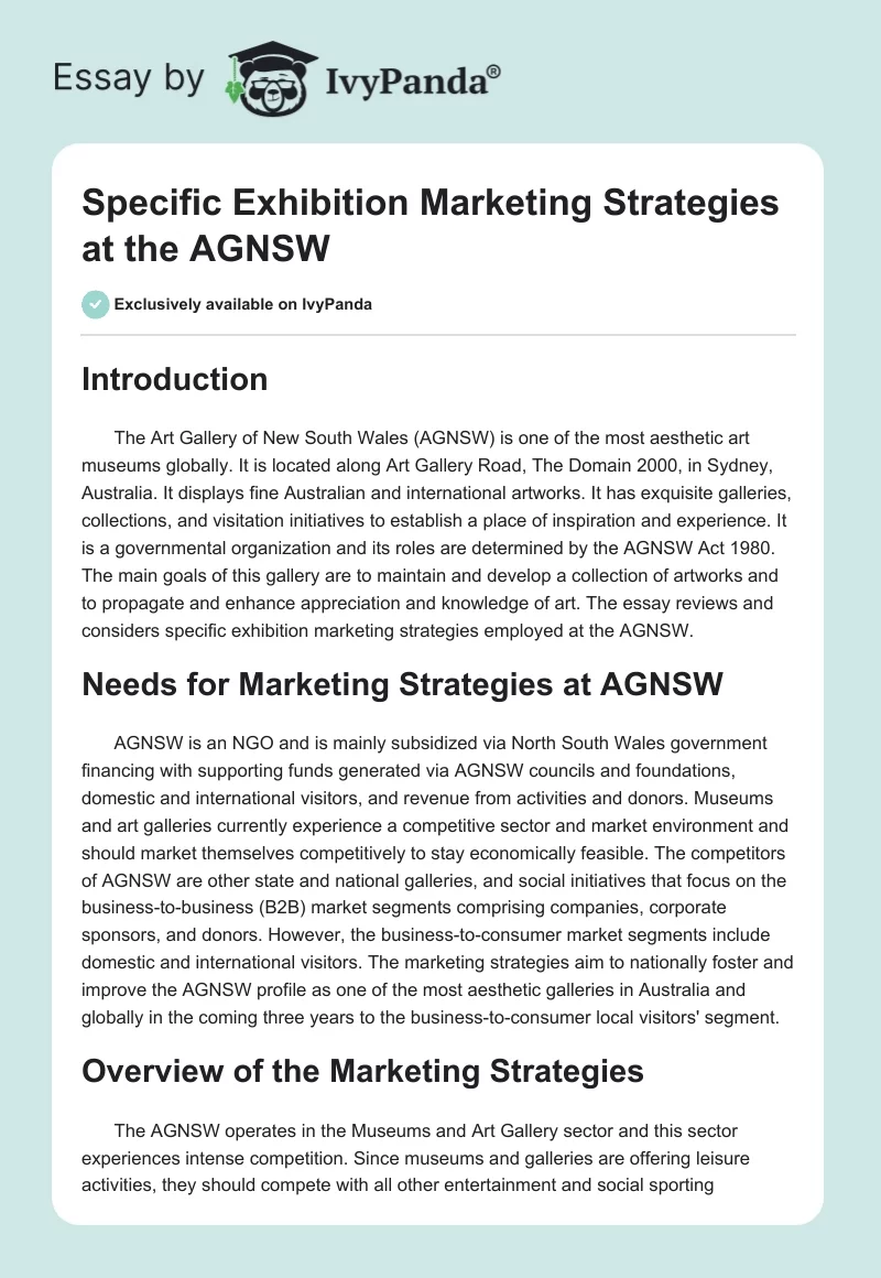 Specific Exhibition Marketing Strategies at the AGNSW. Page 1