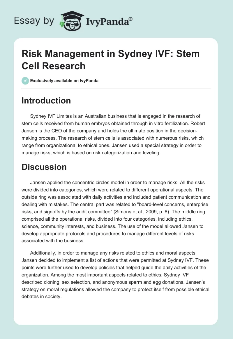 Risk Management in Sydney IVF: Stem Cell Research. Page 1