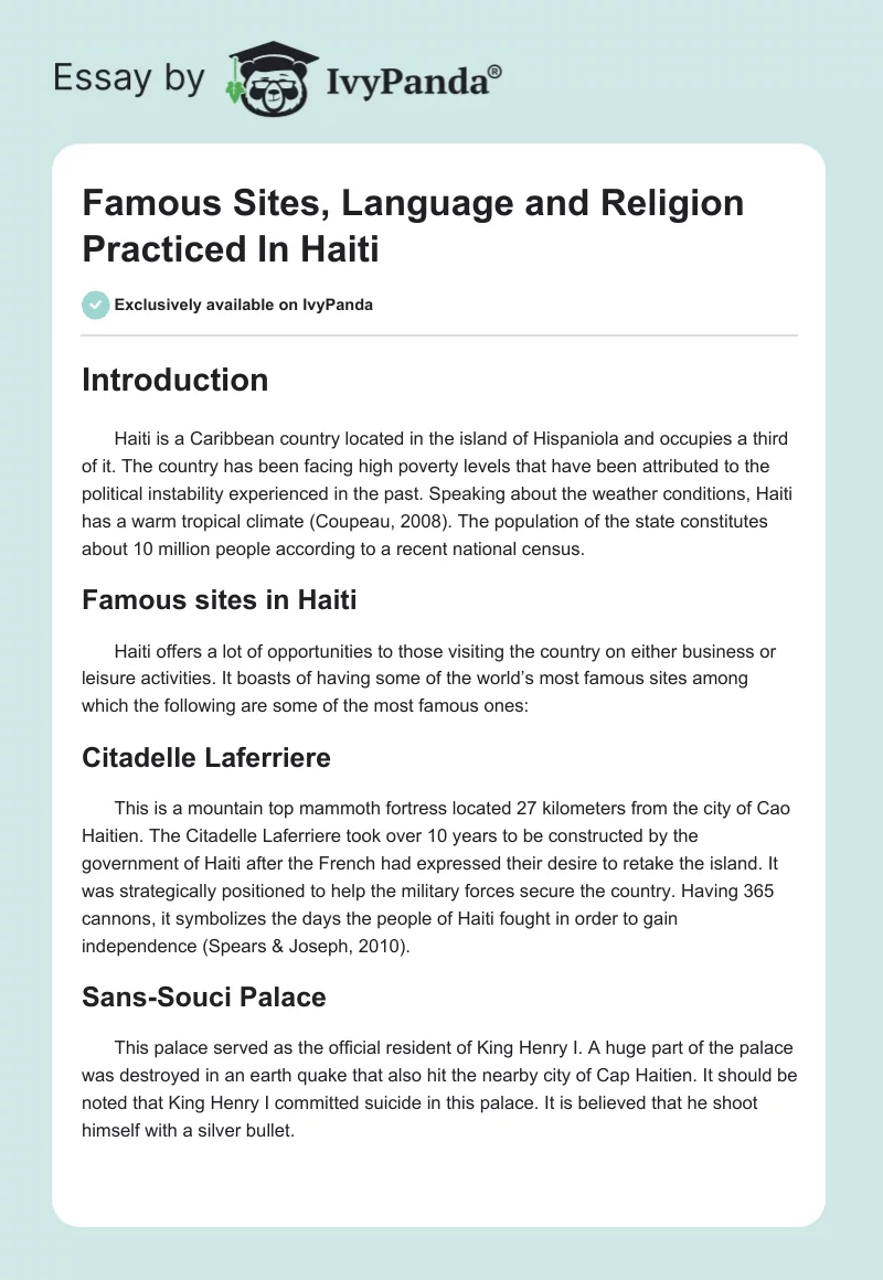 Famous Sites, Language and Religion Practiced In Haiti. Page 1
