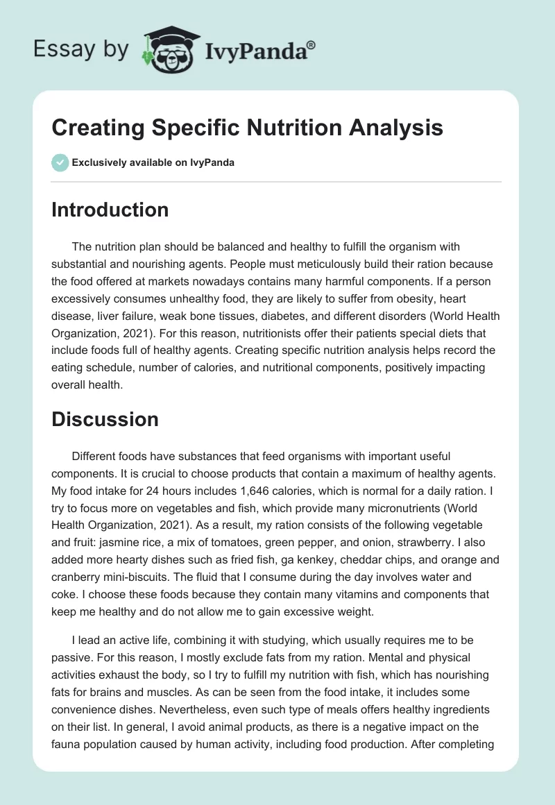 Creating Specific Nutrition Analysis. Page 1