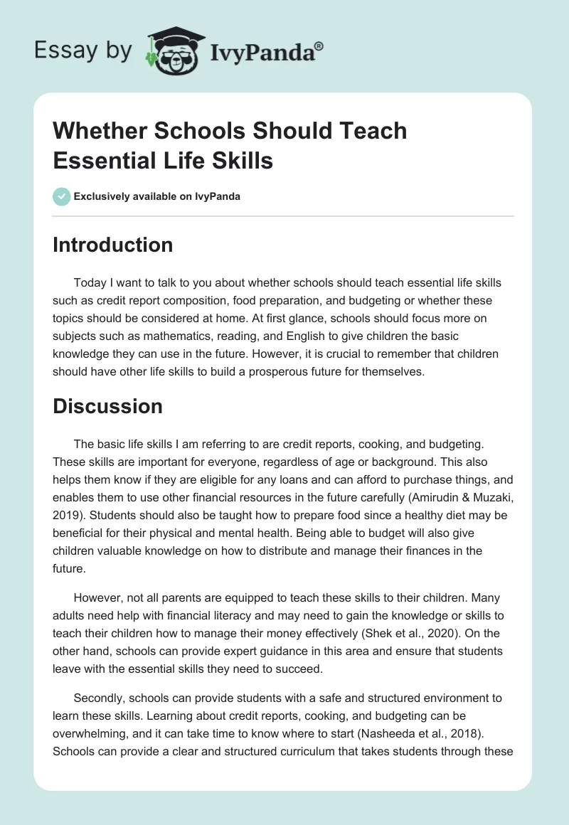 Whether Schools Should Teach Essential Life Skills. Page 1