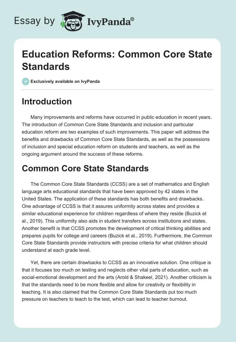 Education Reforms: Common Core State Standards. Page 1