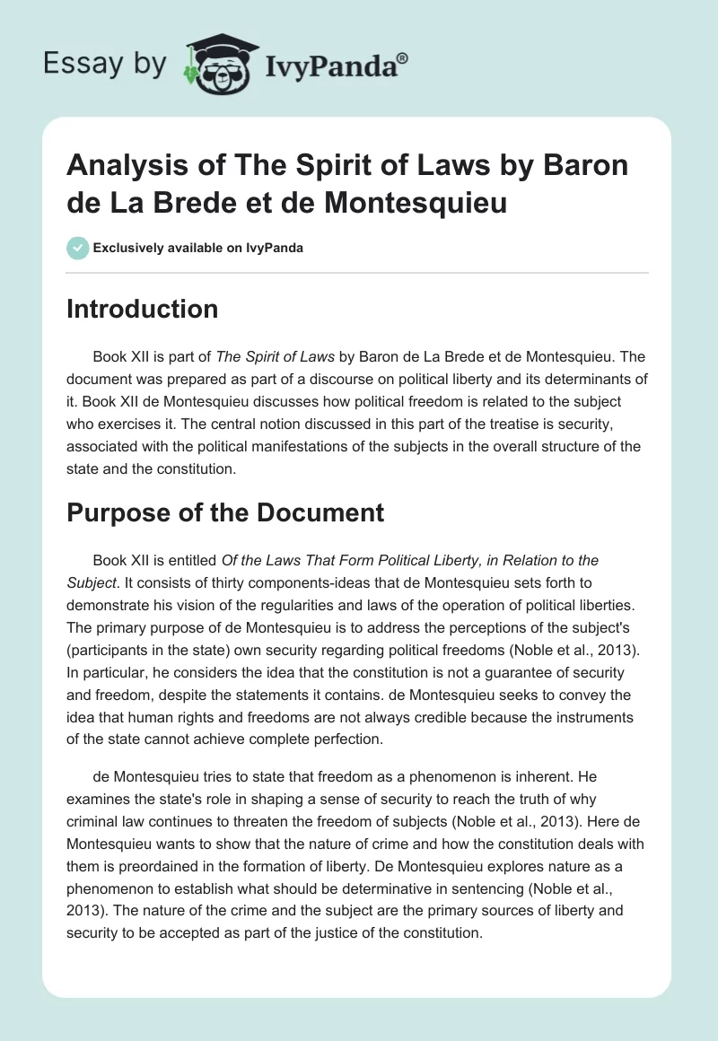 Analysis of "The Spirit of Laws" by Baron de La Brede et de Montesquieu. Page 1