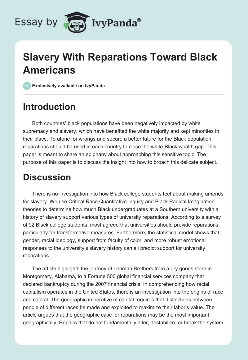 Slavery With Reparations Toward Black Americans. Page 1