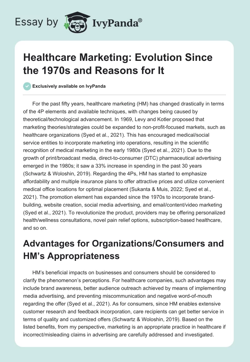 Healthcare Marketing: Evolution Since the 1970s and Reasons for It. Page 1