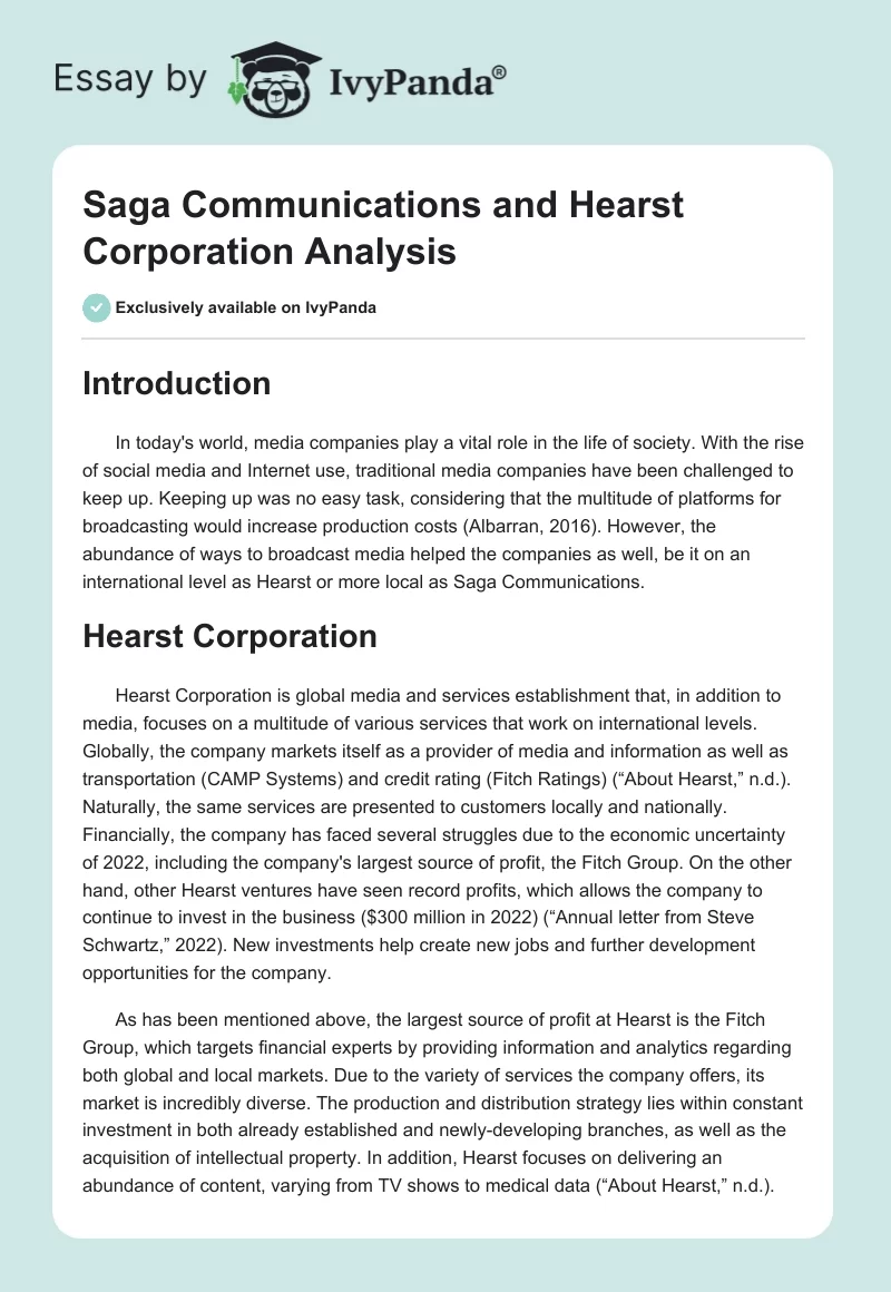Saga Communications and Hearst Corporation Analysis. Page 1