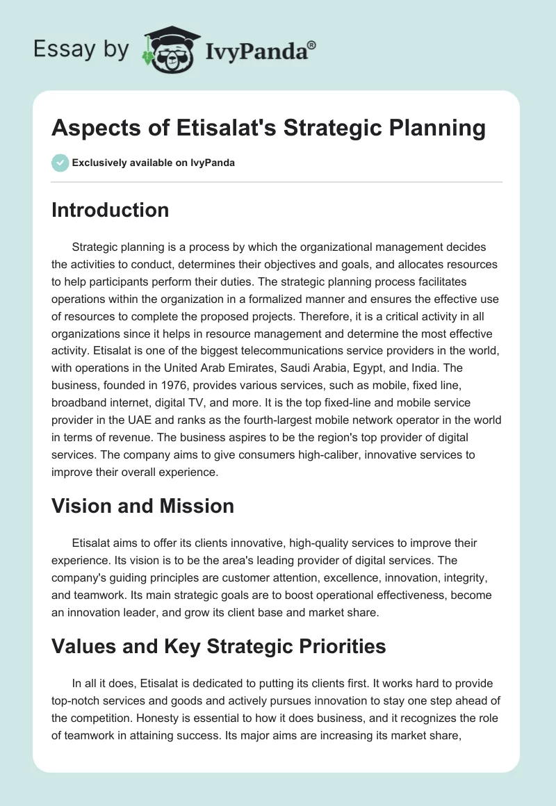 Aspects of Etisalat's Strategic Planning. Page 1