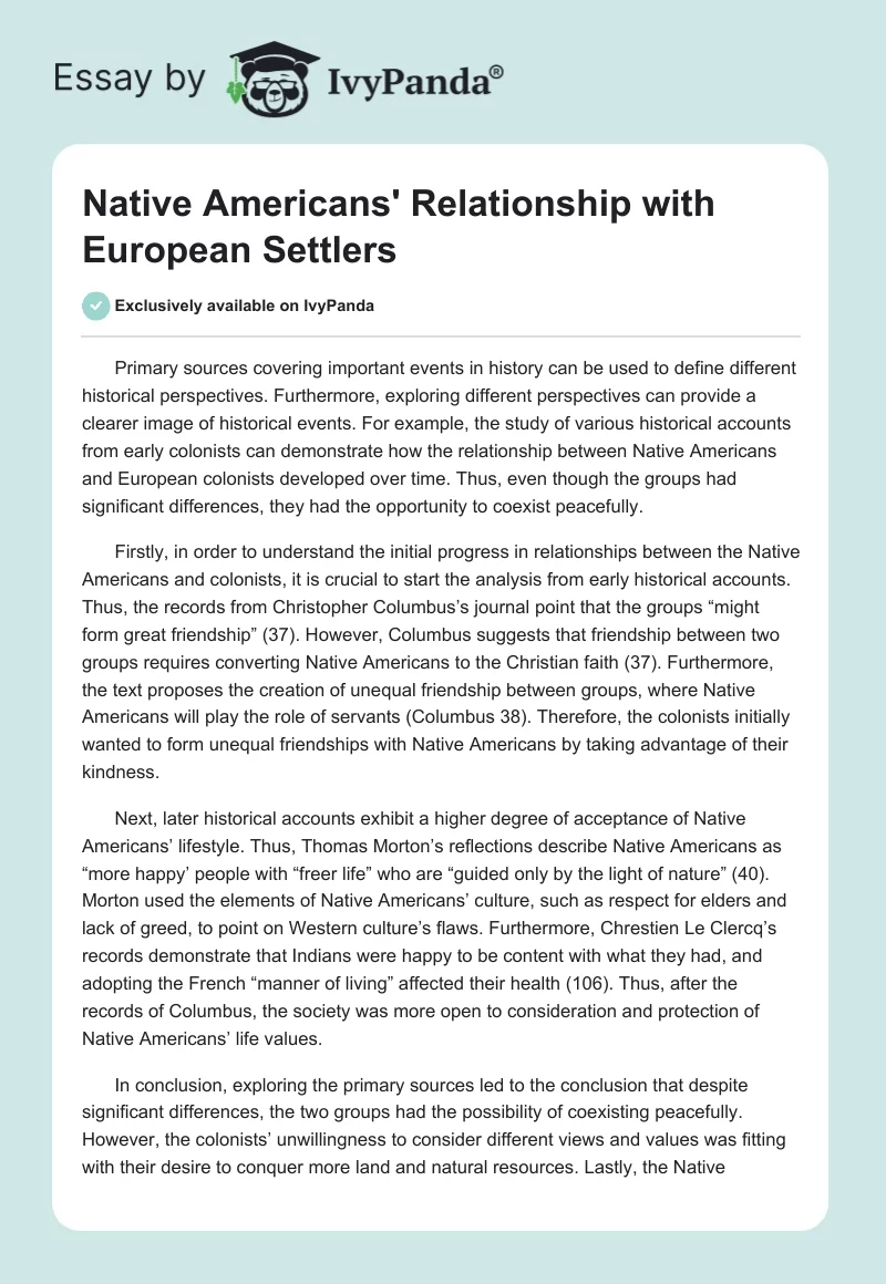 Native Americans' Relationship with European Settlers. Page 1