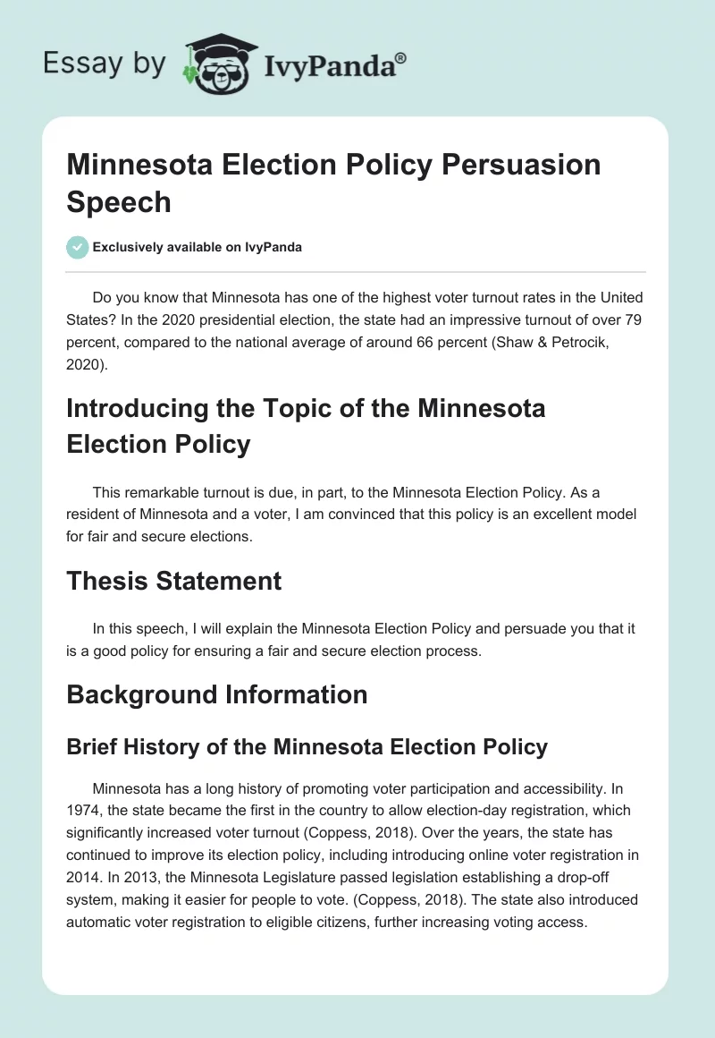 Minnesota Election Policy Persuasion Speech. Page 1