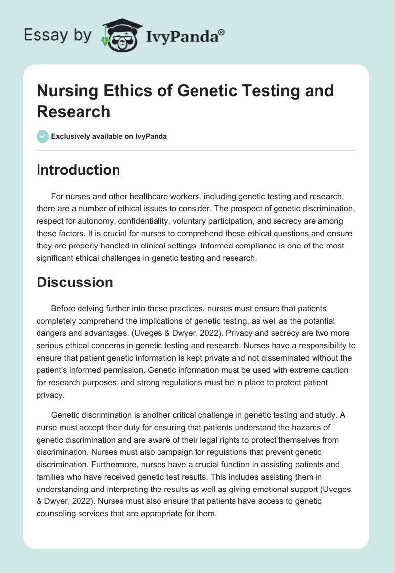Nursing Ethics of Genetic Testing and Research. Page 1