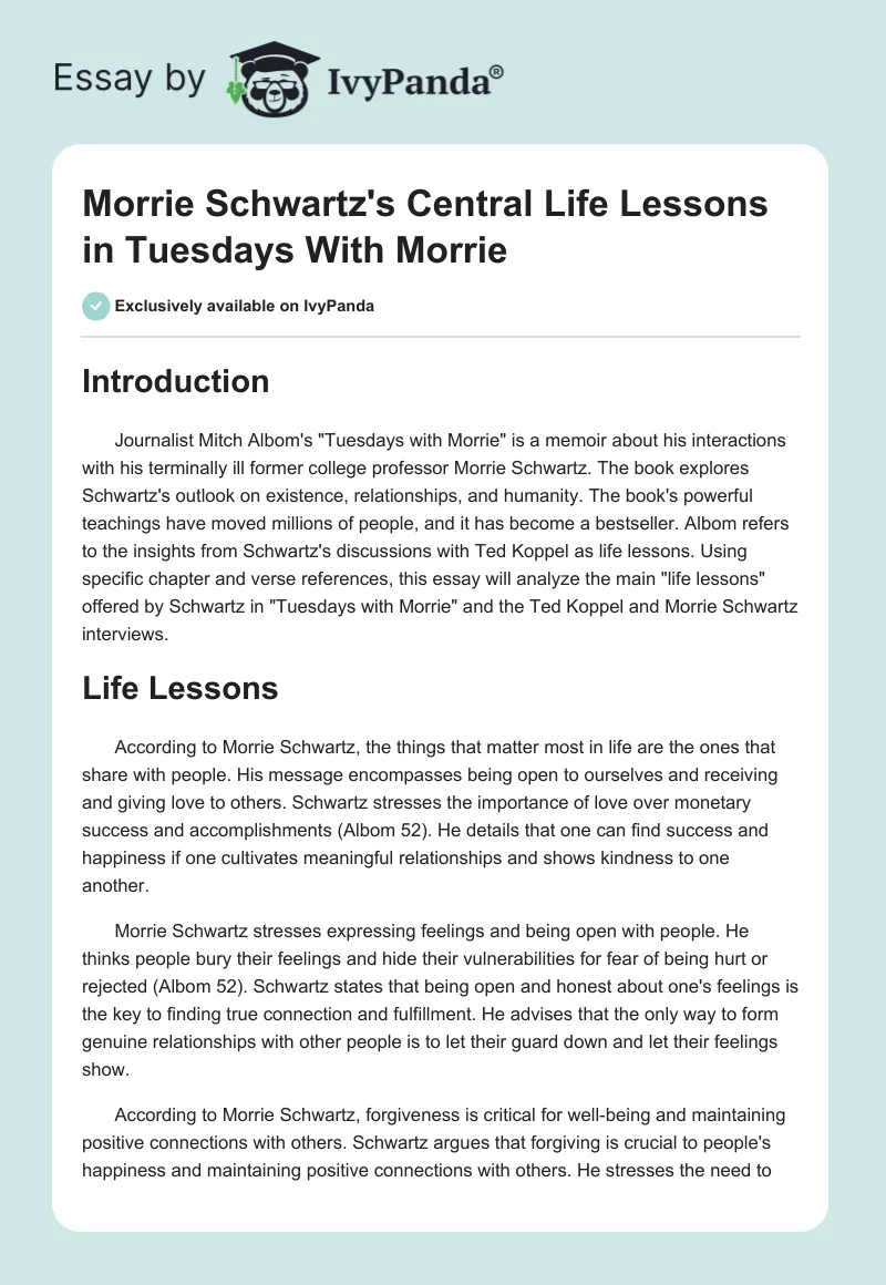 Morrie Schwartz's Central "Life Lessons" in "Tuesdays With Morrie". Page 1