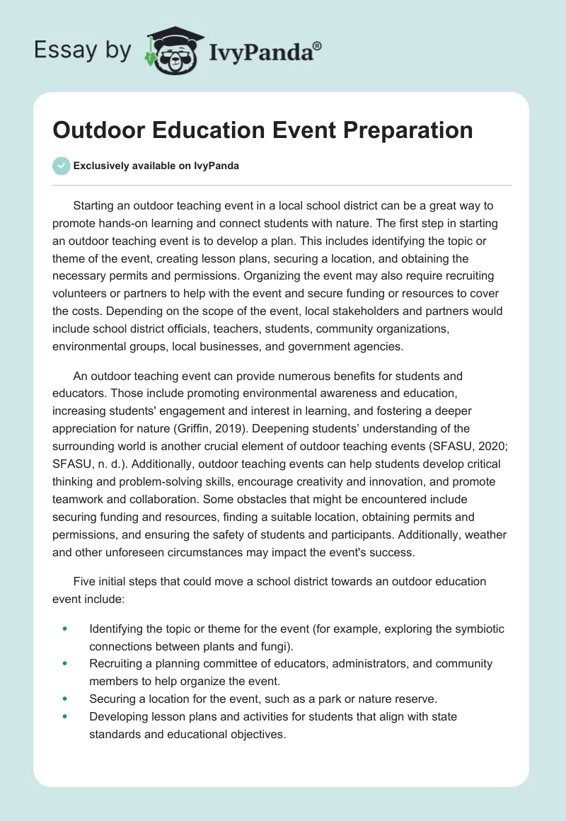 Outdoor Education Event Preparation. Page 1