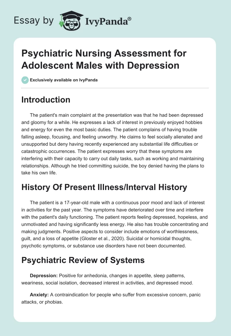 Psychiatric Nursing Assessment for Adolescent Males with Depression. Page 1