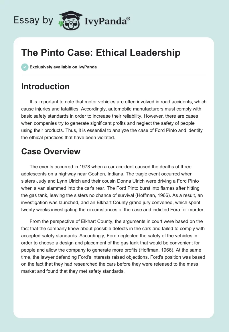 The Pinto Case: Ethical Leadership. Page 1
