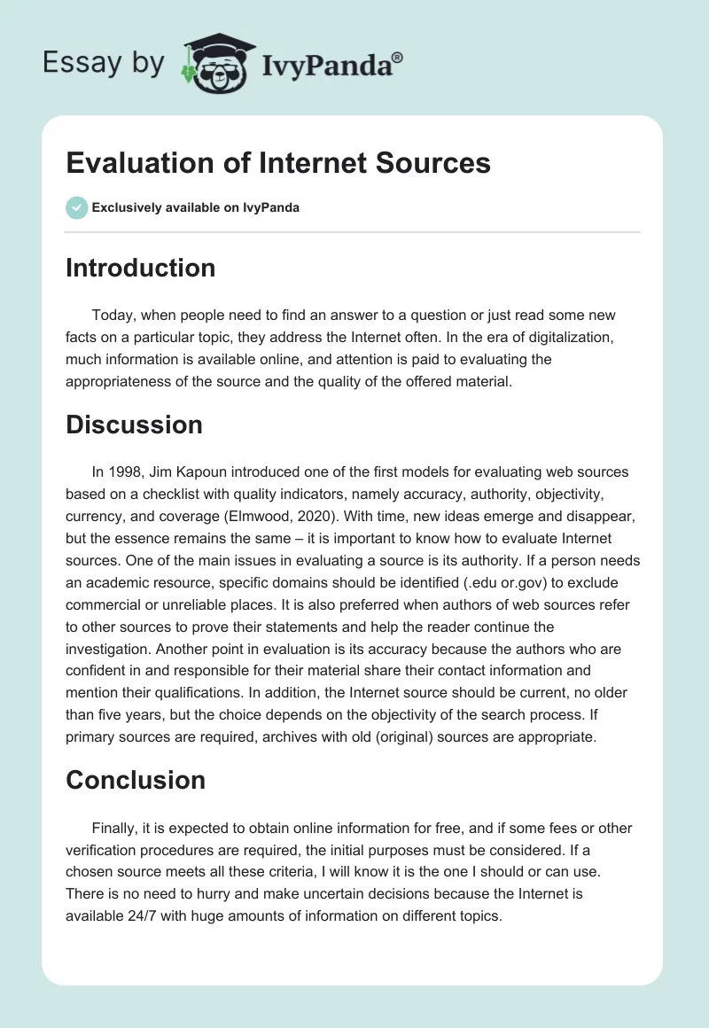 Evaluation of Internet Sources. Page 1