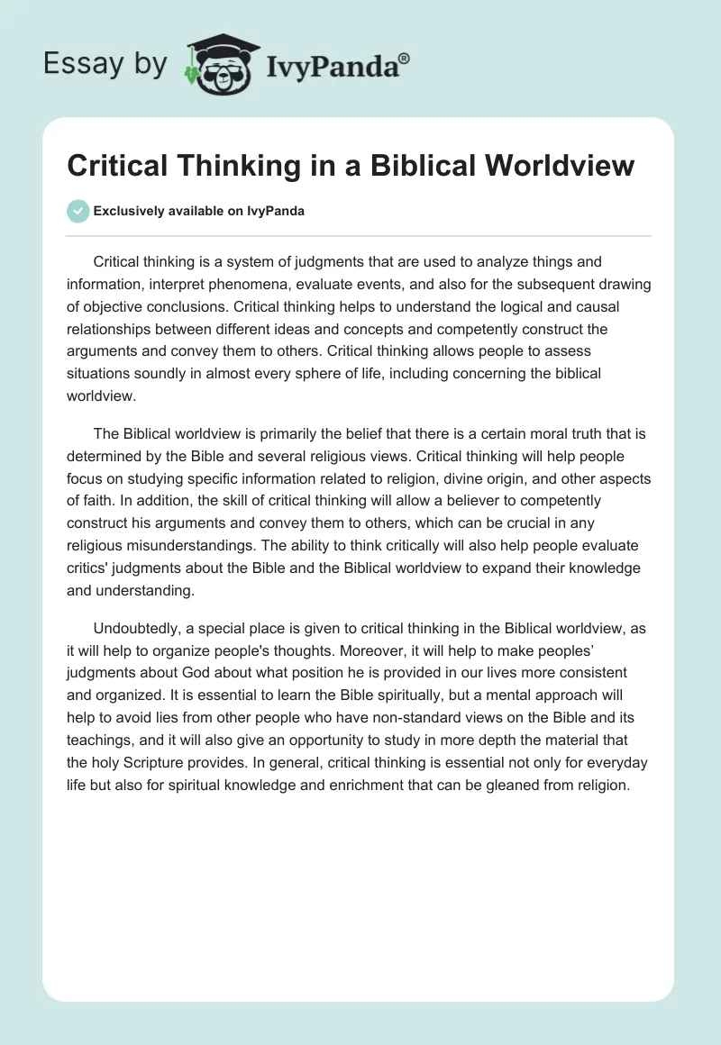 Critical Thinking in a Biblical Worldview. Page 1