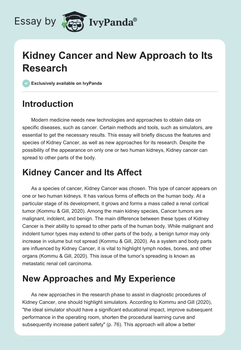 Kidney Cancer and New Approach to Its Research. Page 1