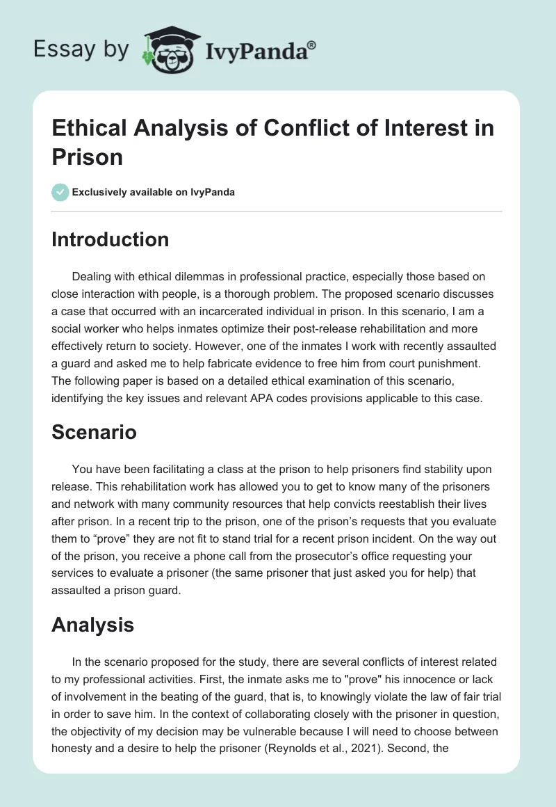 Ethical Analysis of Conflict of Interest in Prison. Page 1