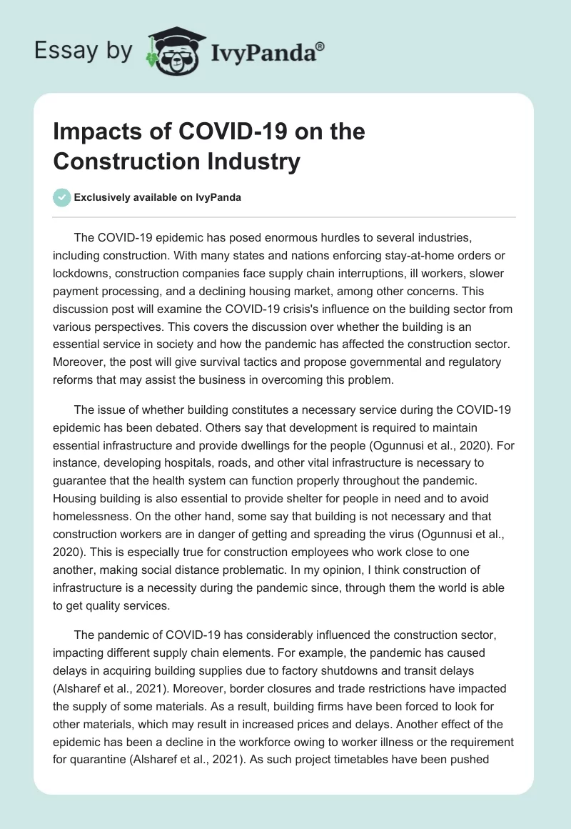 Impacts of COVID-19 on the Construction Industry. Page 1