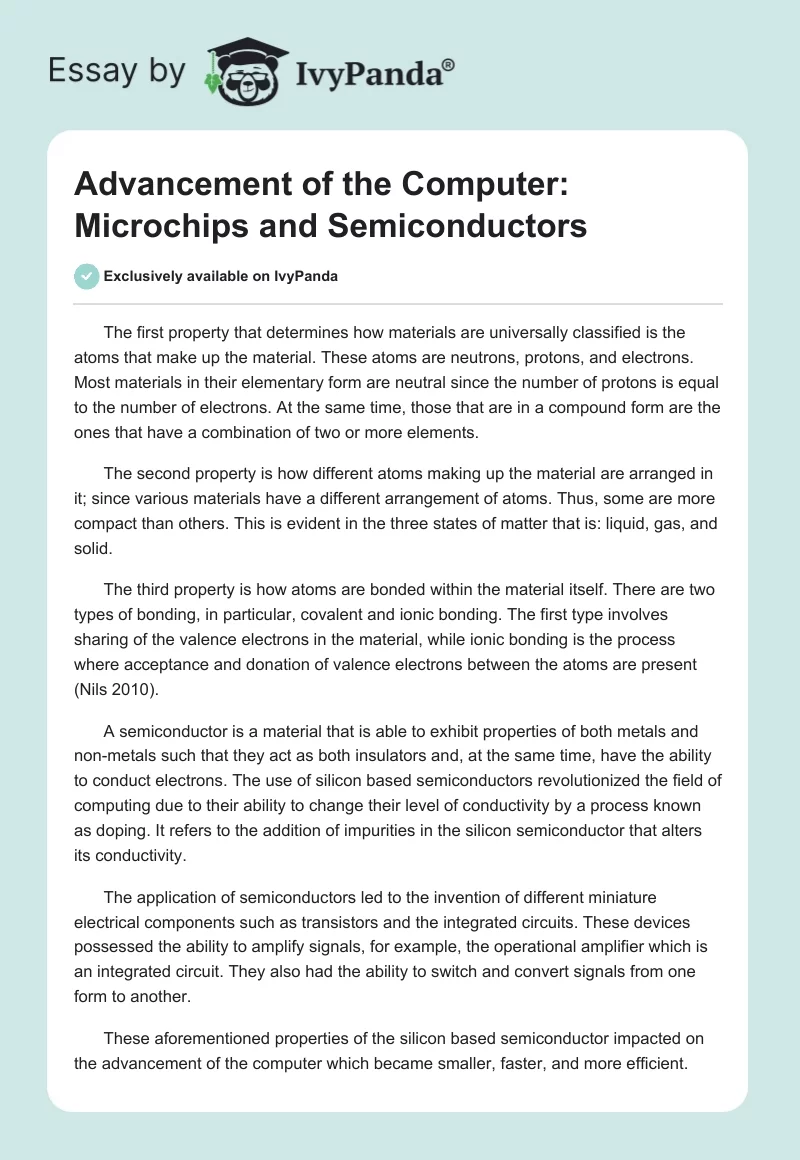 Advancement of the Computer: Microchips and Semiconductors. Page 1