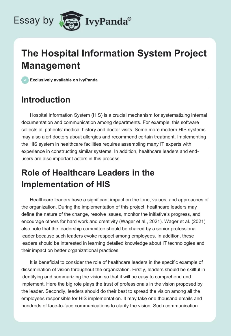 The Hospital Information System Project Management. Page 1