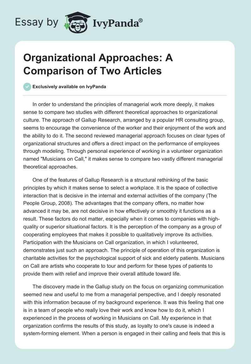 Organizational Approaches: A Comparison of Two Articles. Page 1