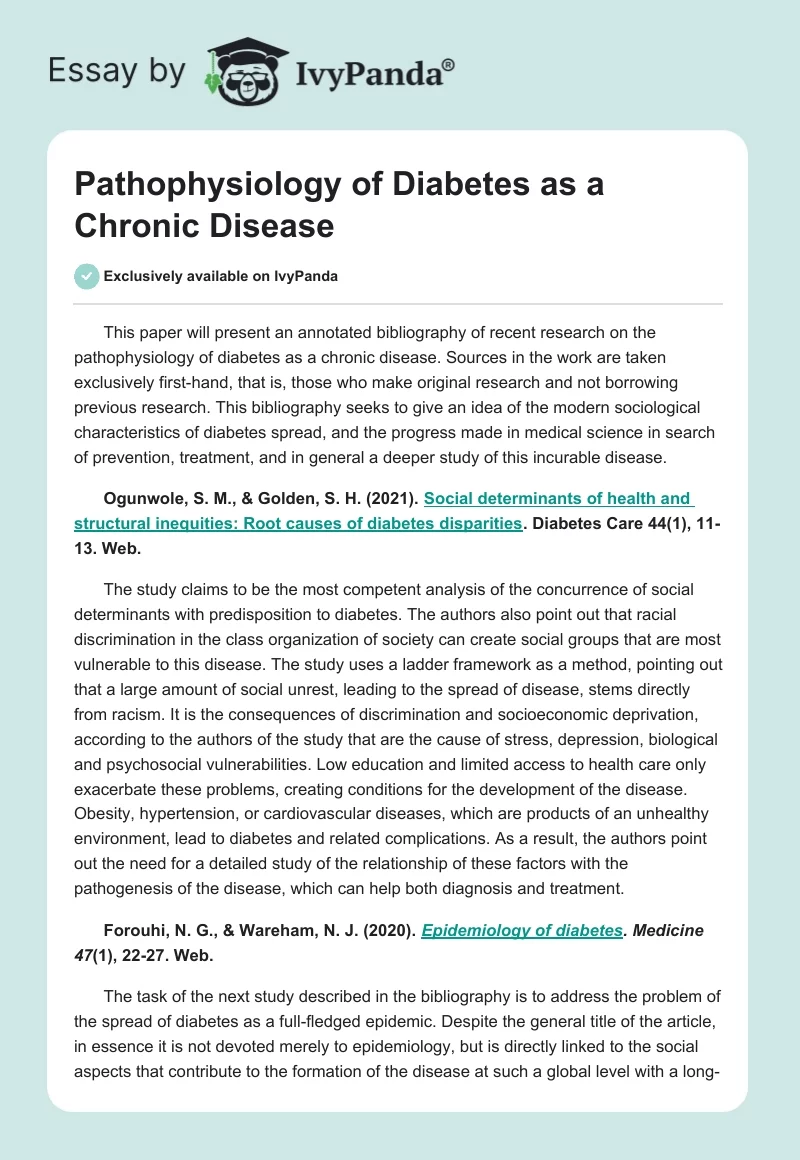 Pathophysiology of Diabetes as a Chronic Disease. Page 1