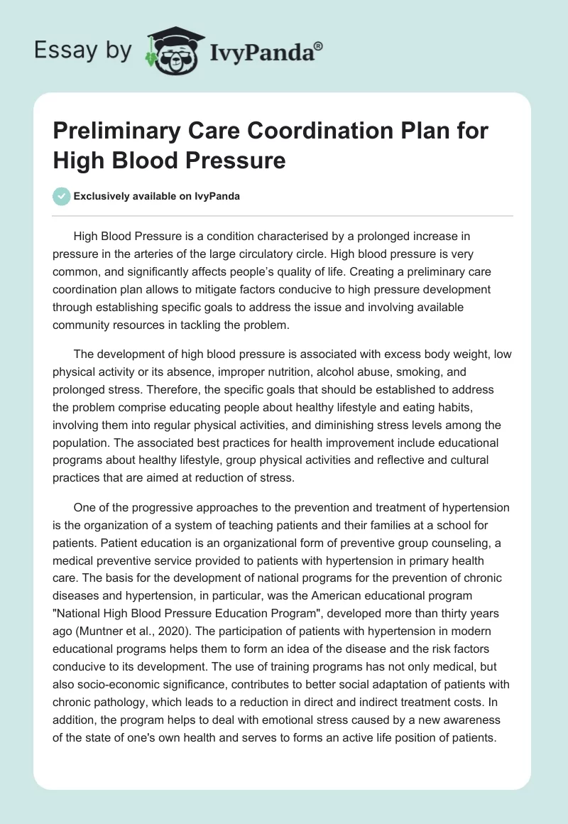Preliminary Care Coordination Plan for High Blood Pressure. Page 1