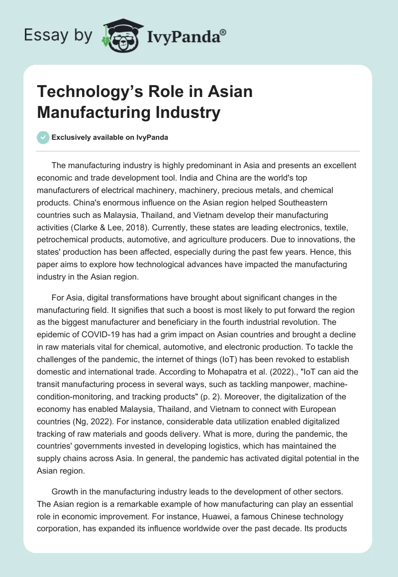 Technology’s Role in Asian Manufacturing Industry. Page 1
