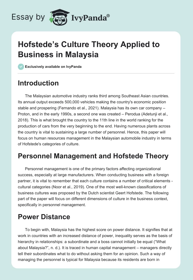 Hofstede’s Culture Theory Applied to Business in Malaysia. Page 1