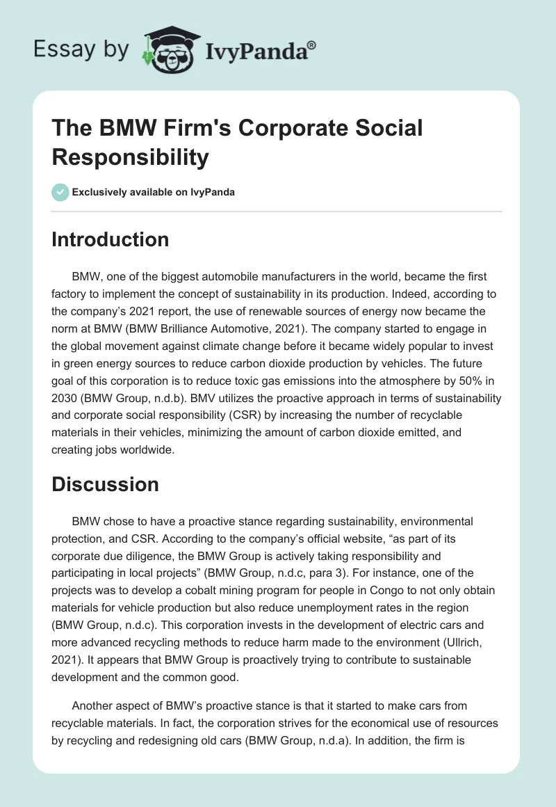The BMW Firm's Corporate Social Responsibility. Page 1